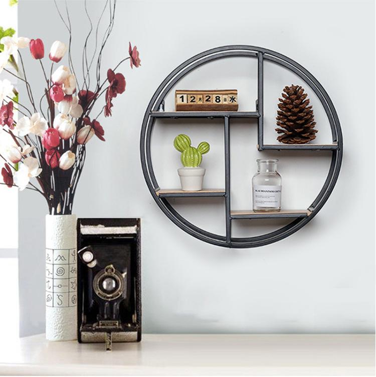 Retro Round Wooden Wall Hanging Metal Shelf-bestdealz26