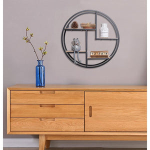 Retro Round Wooden Wall Hanging Metal Shelf-bestdealz26