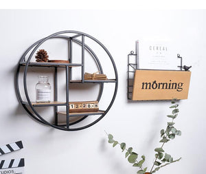 Retro Round Wooden Wall Hanging Metal Shelf-bestdealz26