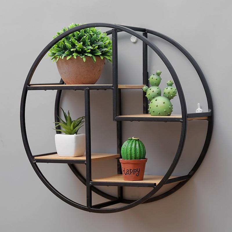 Retro Round Wooden Wall Hanging Metal Shelf-bestdealz26