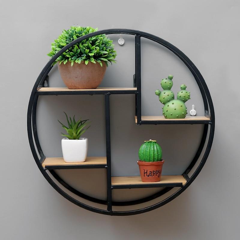 Retro Round Wooden Wall Hanging Metal Shelf-bestdealz26