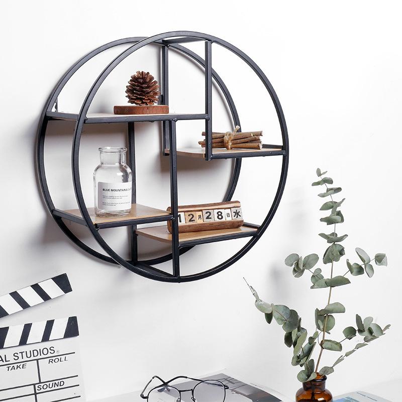 Retro Round Wooden Wall Hanging Metal Shelf-bestdealz26